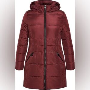 Women's Quilted Hooded Parka Jacket in Burgundy - Size 24